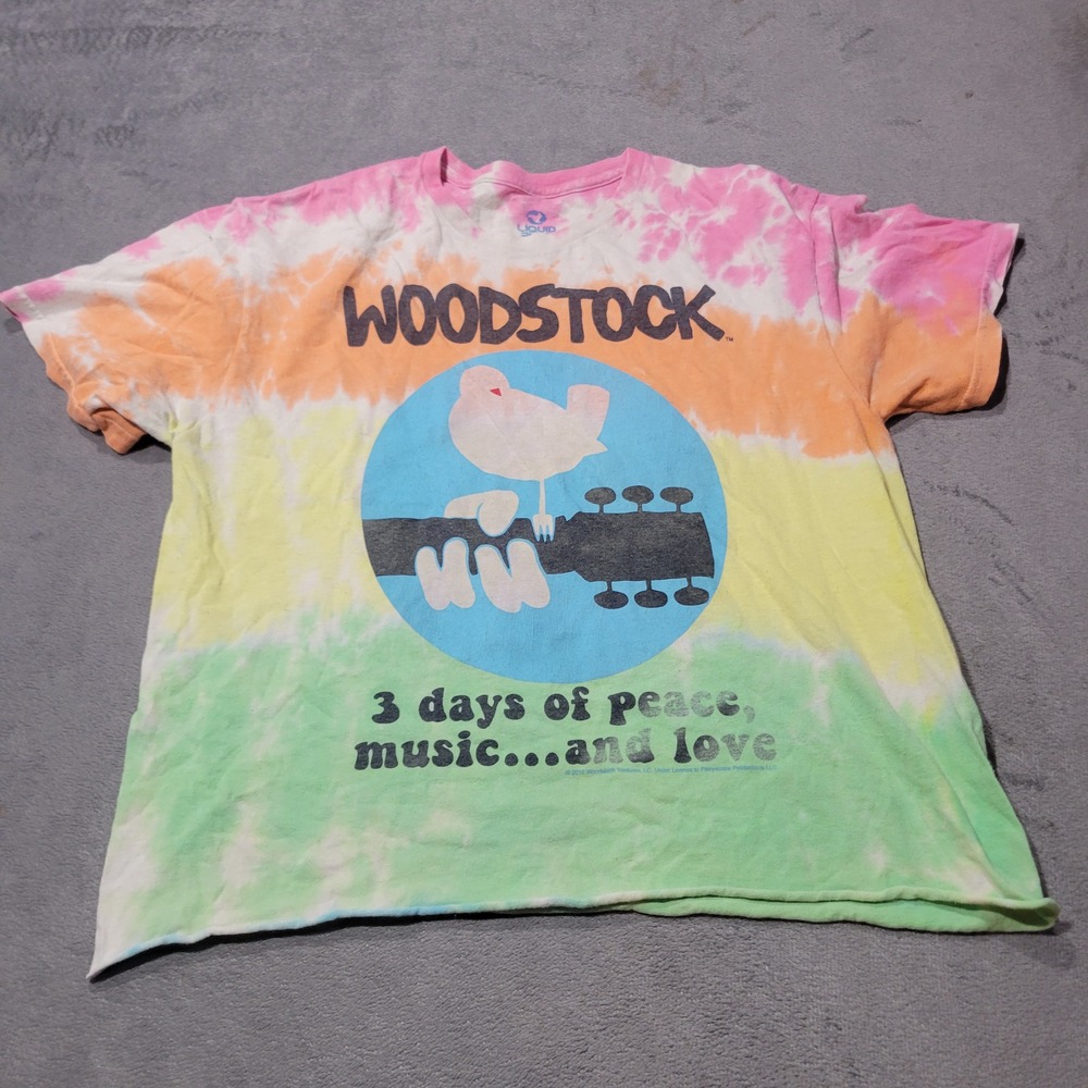 Liquid Blue Woodstock T-Shirt Women Medium Rainbow Tie Dye Peace Love Music Crop